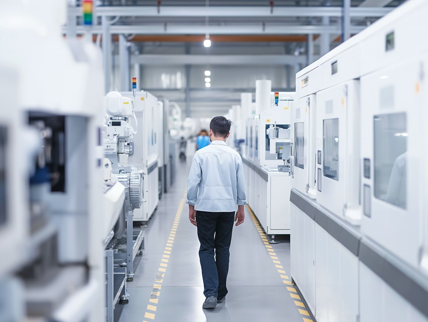 A worker walking down an aisle between production machines on a factory floor